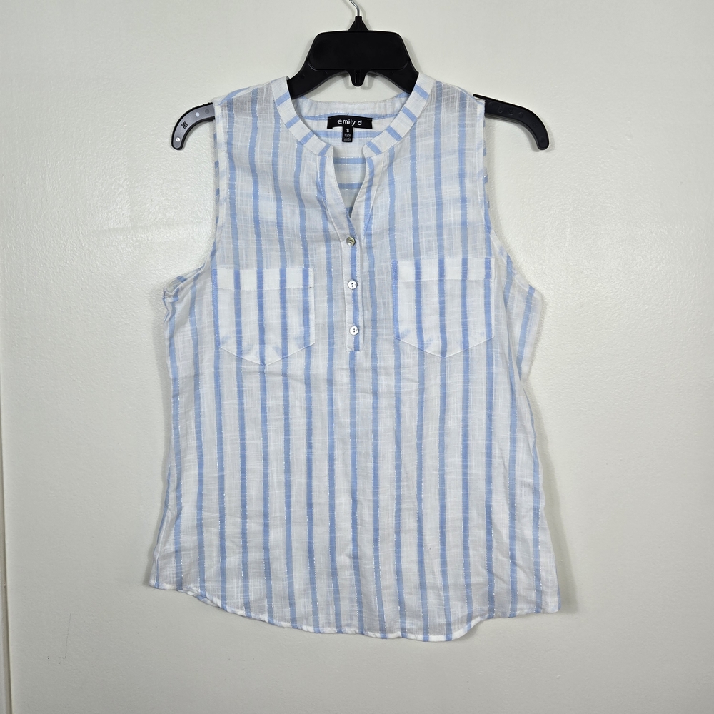 Emily D‎ Womens Blue White Stiped Sleeveless Coastal Chic Blouse Small Preppy